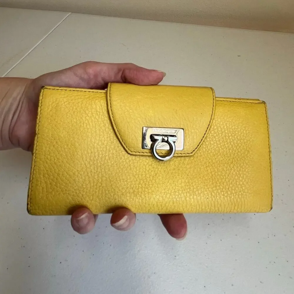 Salvatore Ferragamo Gancini Leather Long Wallet Yellow Luxury Designer Italy